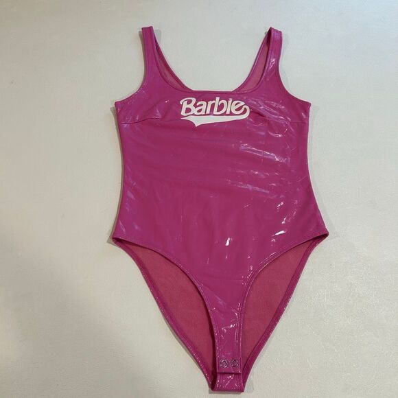 Forever 21 x Barbie Hot Pink Logo Bodysuit Size S Vinyl Barbiecore One Piece - Picture 1 of 6